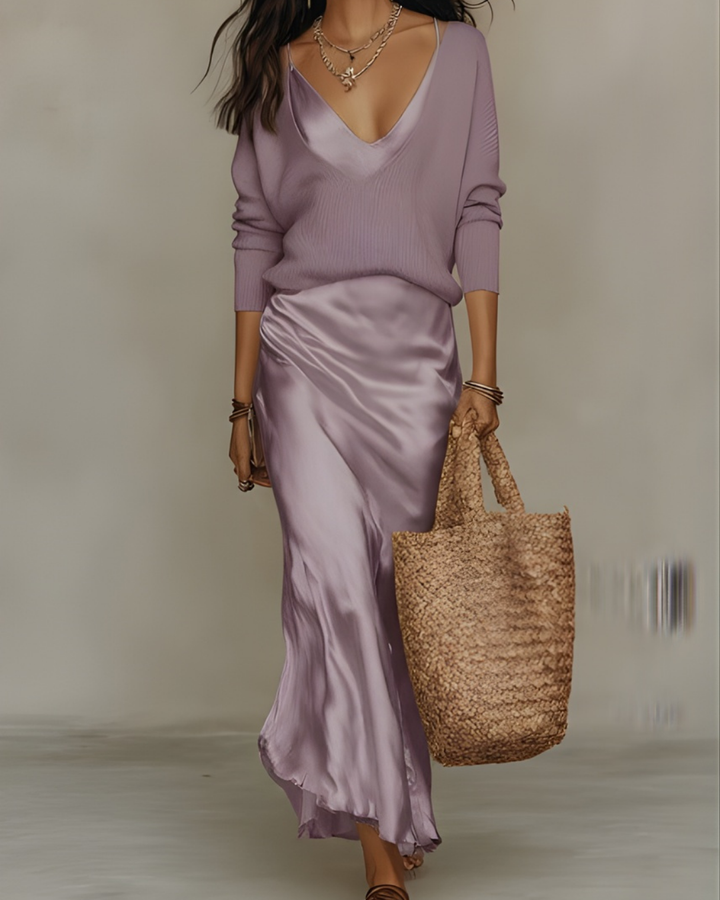 Stacy™ | satin slip skirt outfit with Sweater