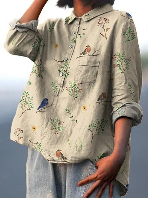 Boughs And Robin Birds Pattern Printed Women's Casual  Shirt