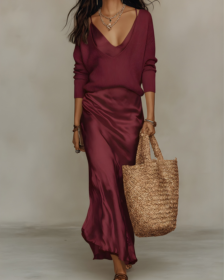 Stacy™ | satin slip skirt outfit with Sweater