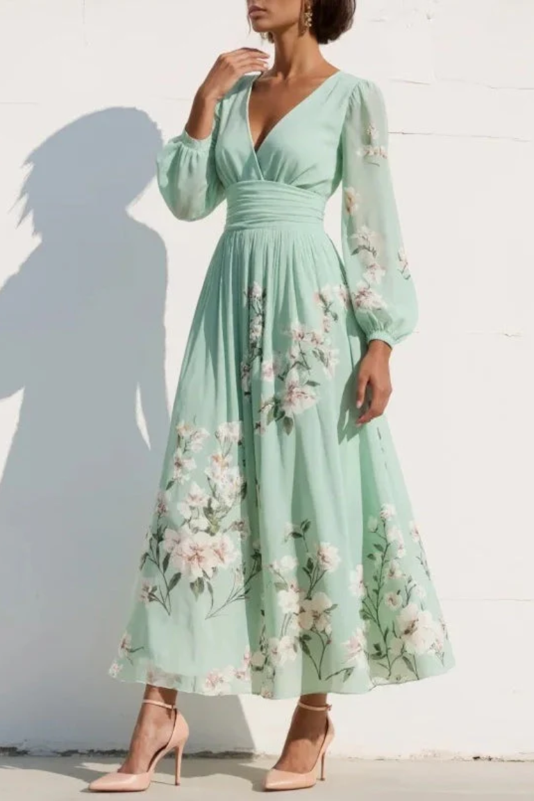 Sherry™ | Elegant pleated floral evening dress