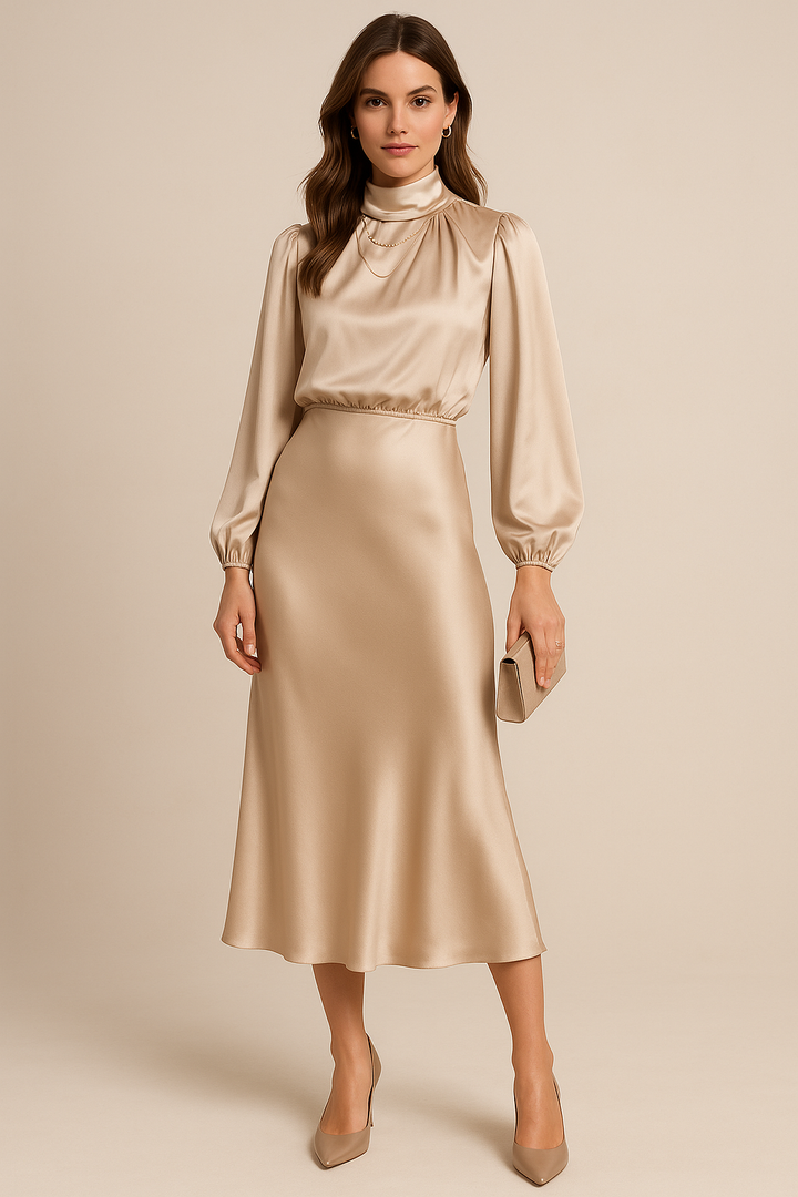 Sheryl™ | Elegant Long Sleeve Satin Dress