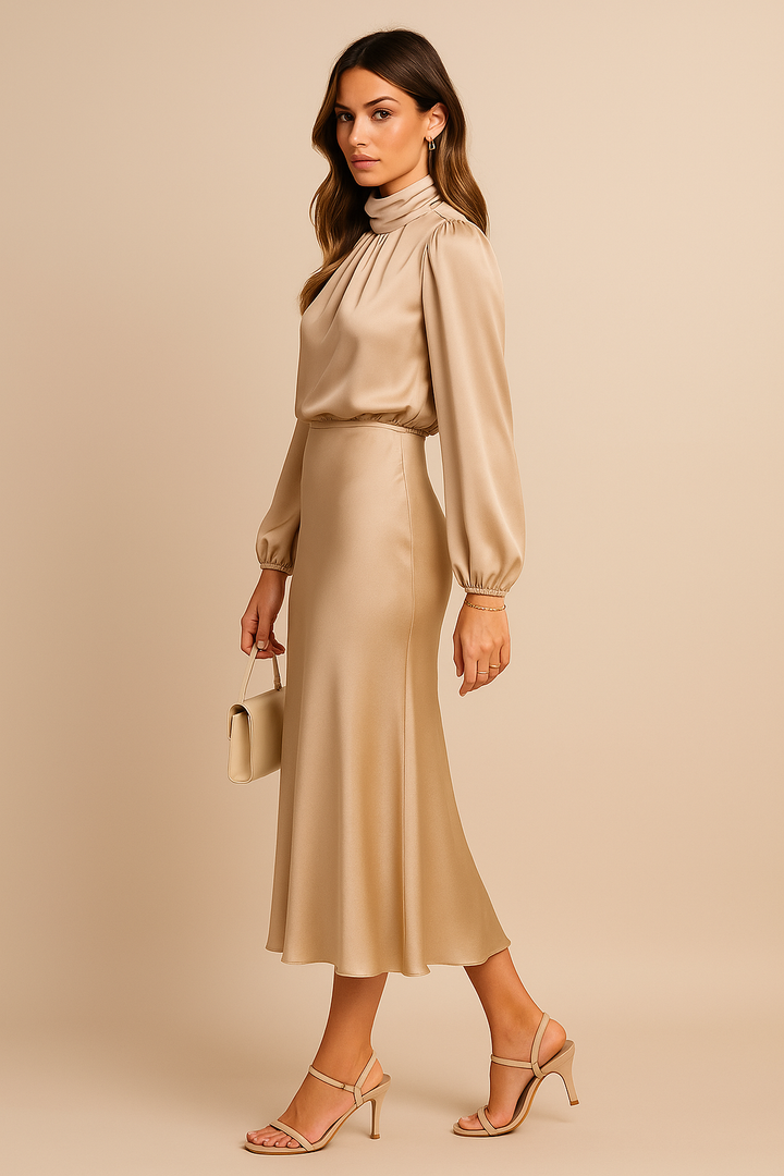 Sheryl™ | Elegant Long Sleeve Satin Dress