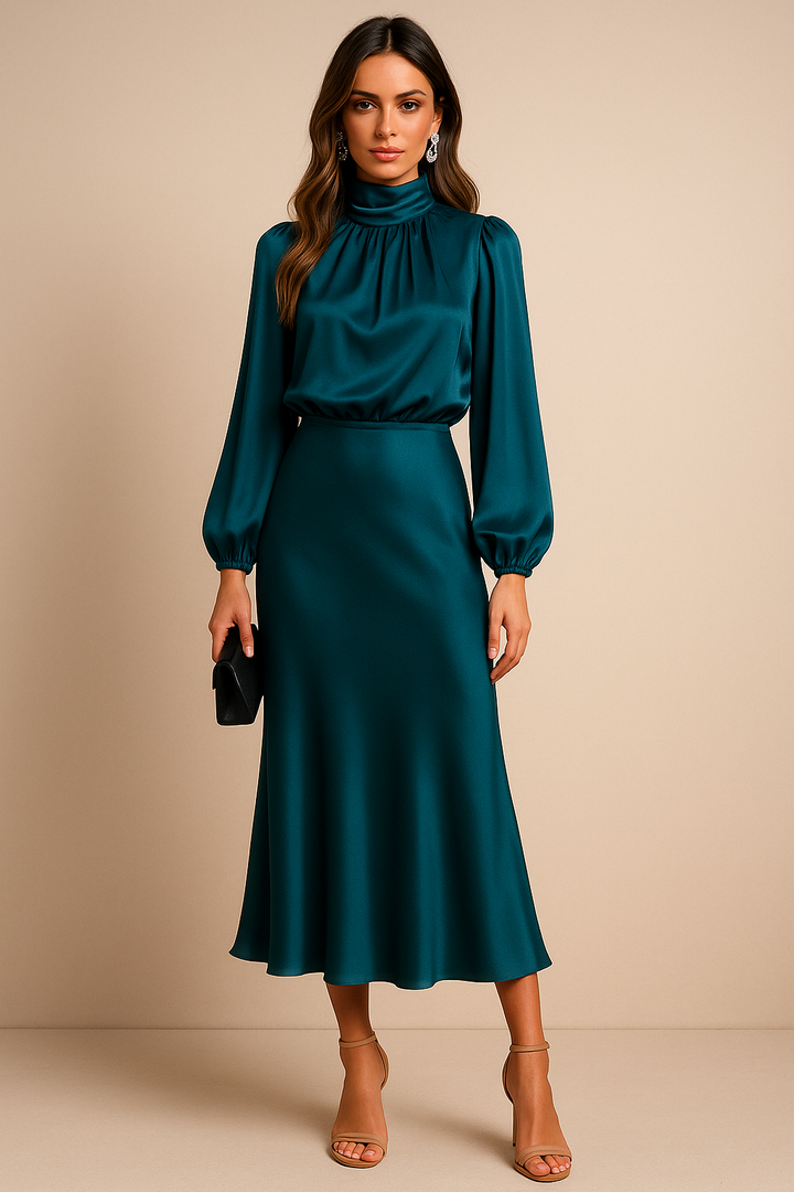 Sheryl™ | Elegant Long Sleeve Satin Dress