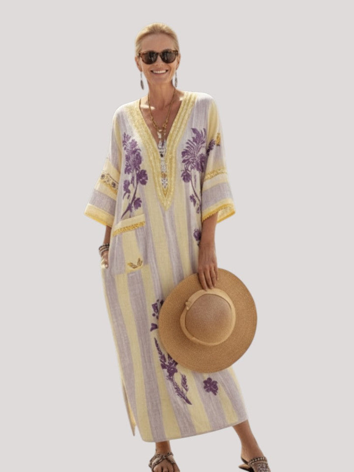 Aurelia | V Neck Half Sleeve Striped Floral Maxi Dress