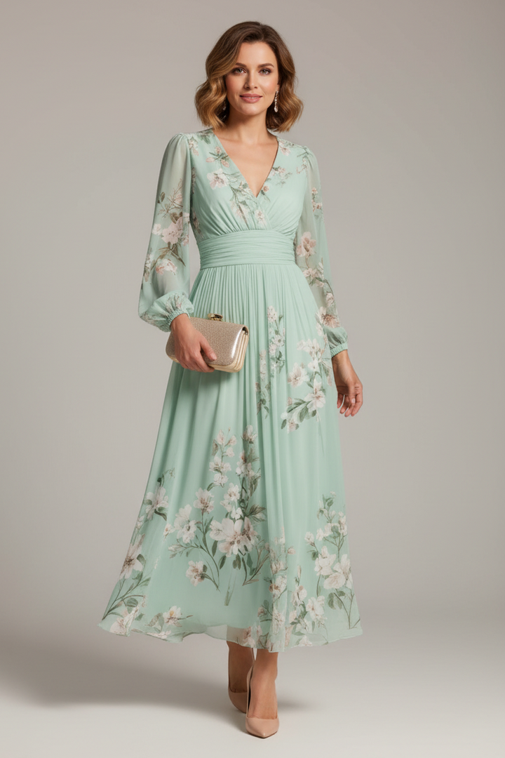 Sherry™ | Elegant pleated floral evening dress