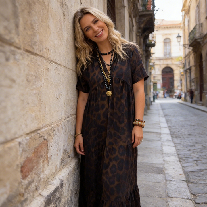 Flonnie™ | Leopard Print V-Neck Maxi Dress