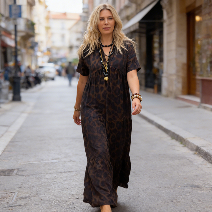 Flonnie™ | Leopard Print V-Neck Maxi Dress