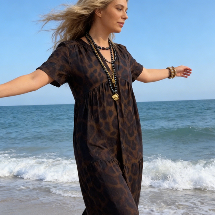 Flonnie™ | Leopard Print V-Neck Maxi Dress